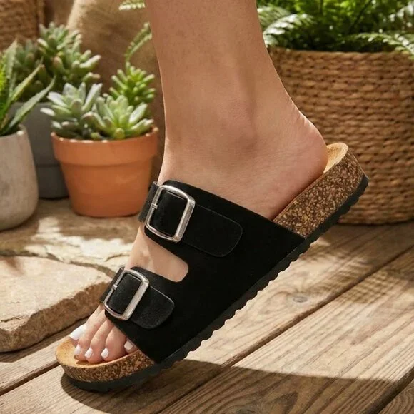 NWT Wild Diva Black Faux Suede Double Buckle Cork Slide Sandals Boho Comfort - Picture 6 of 7